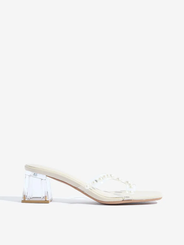 LUNA BLU Ivory Pearl Embellished Block Heel Sandals
