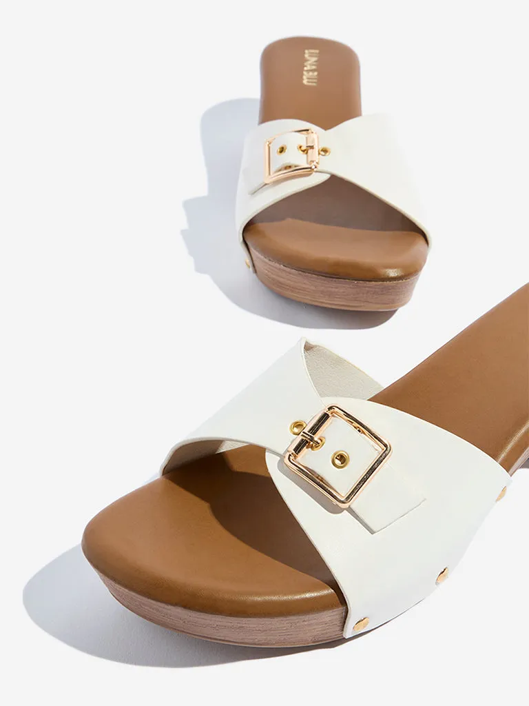 LUNA BLU White Buckle-Detailed Block Heel Sandals