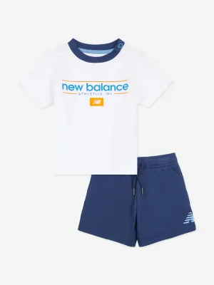 New Balance Boys Linear Athletics T-Shirt and Shorts Set in White