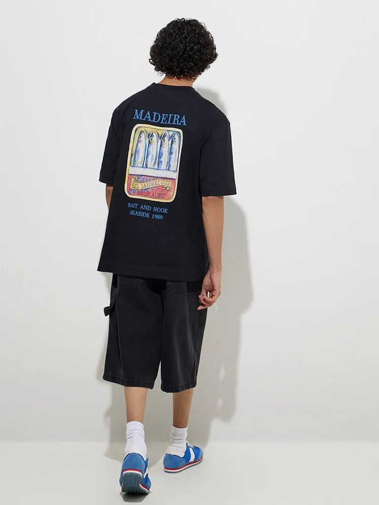 Nuon Black Printed Relaxed-Fit Cotton T-Shirt