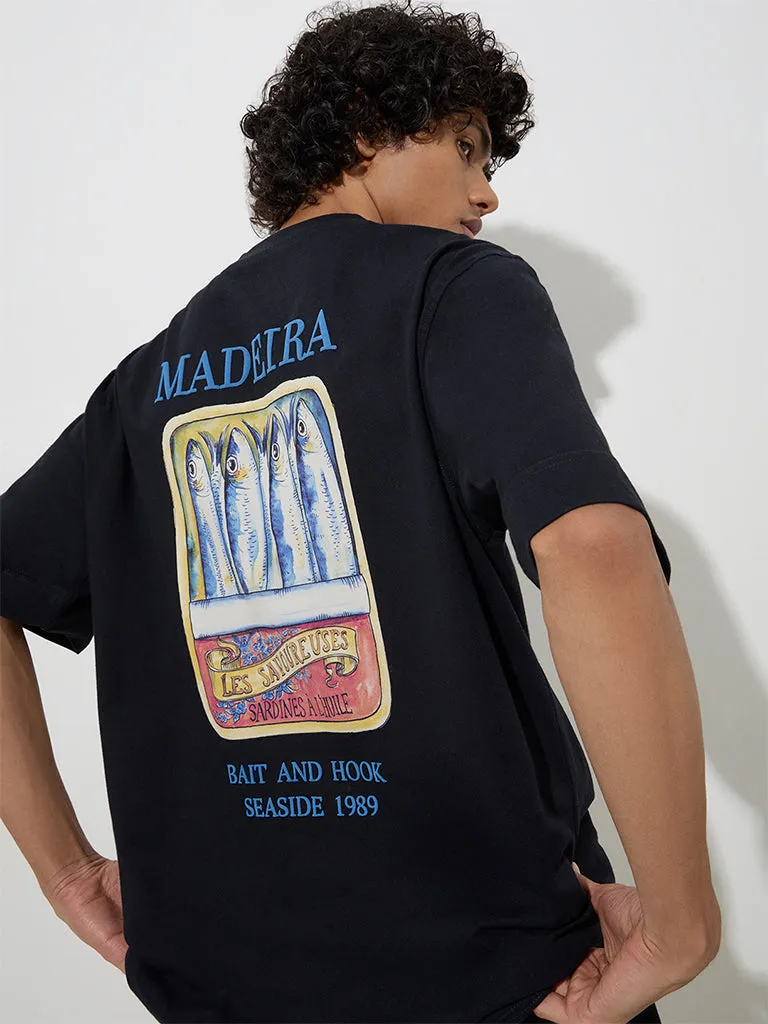 Nuon Black Printed Relaxed-Fit Cotton T-Shirt
