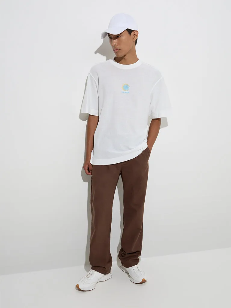Nuon White Embroidered Relaxed-Fit Cotton T-Shirt