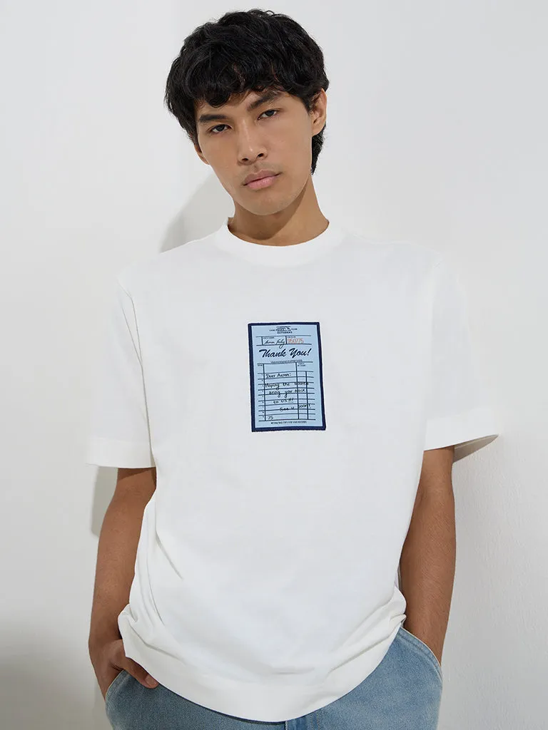 Nuon White Printed Relaxed-Fit Cotton T-Shirt