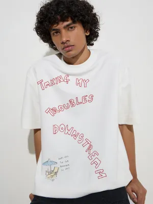 Nuon White Text Design Relaxed-Fit Cotton T-Shirt