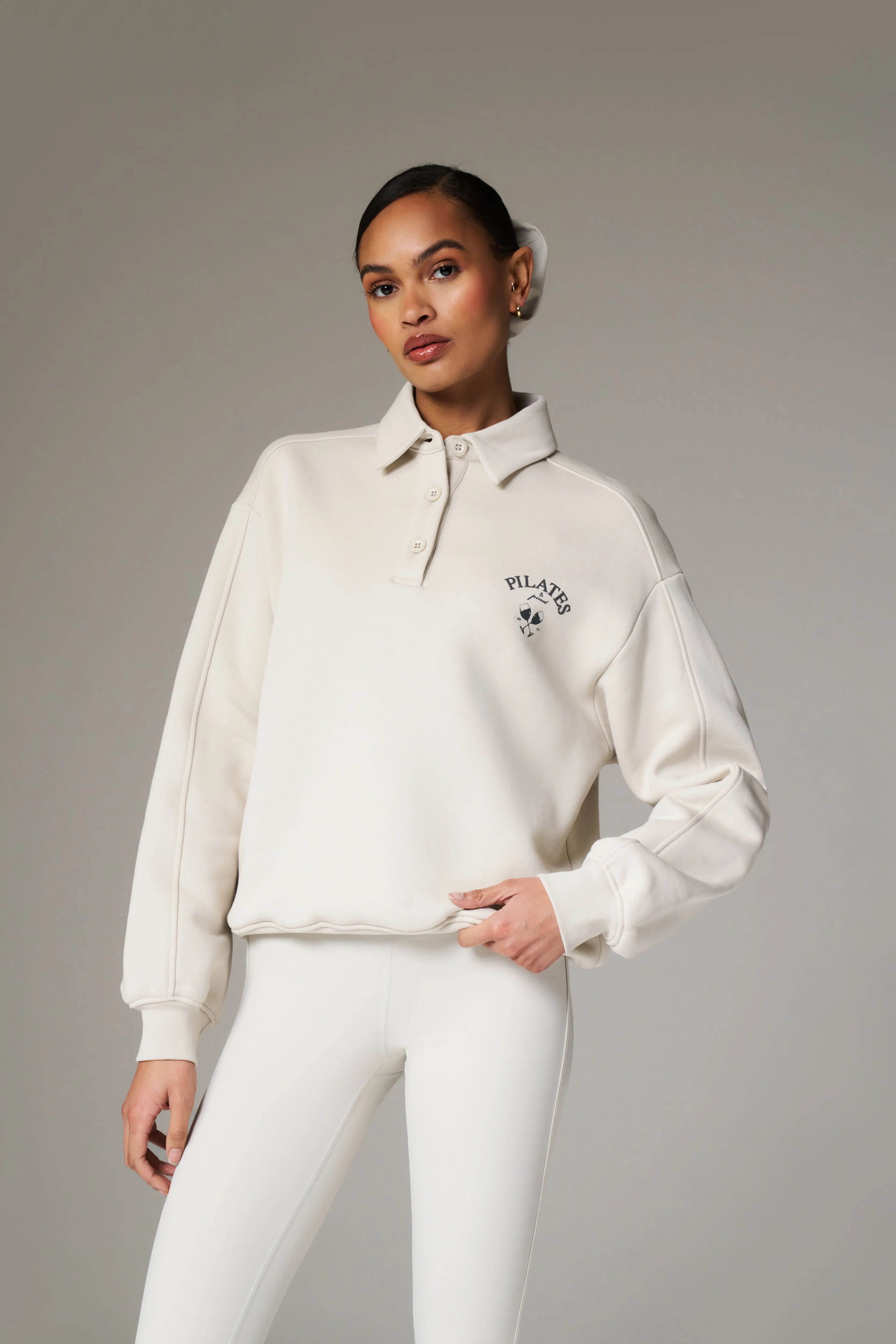 PILATES & PINOT BUTTON UP SWEATSHIRT - BONE