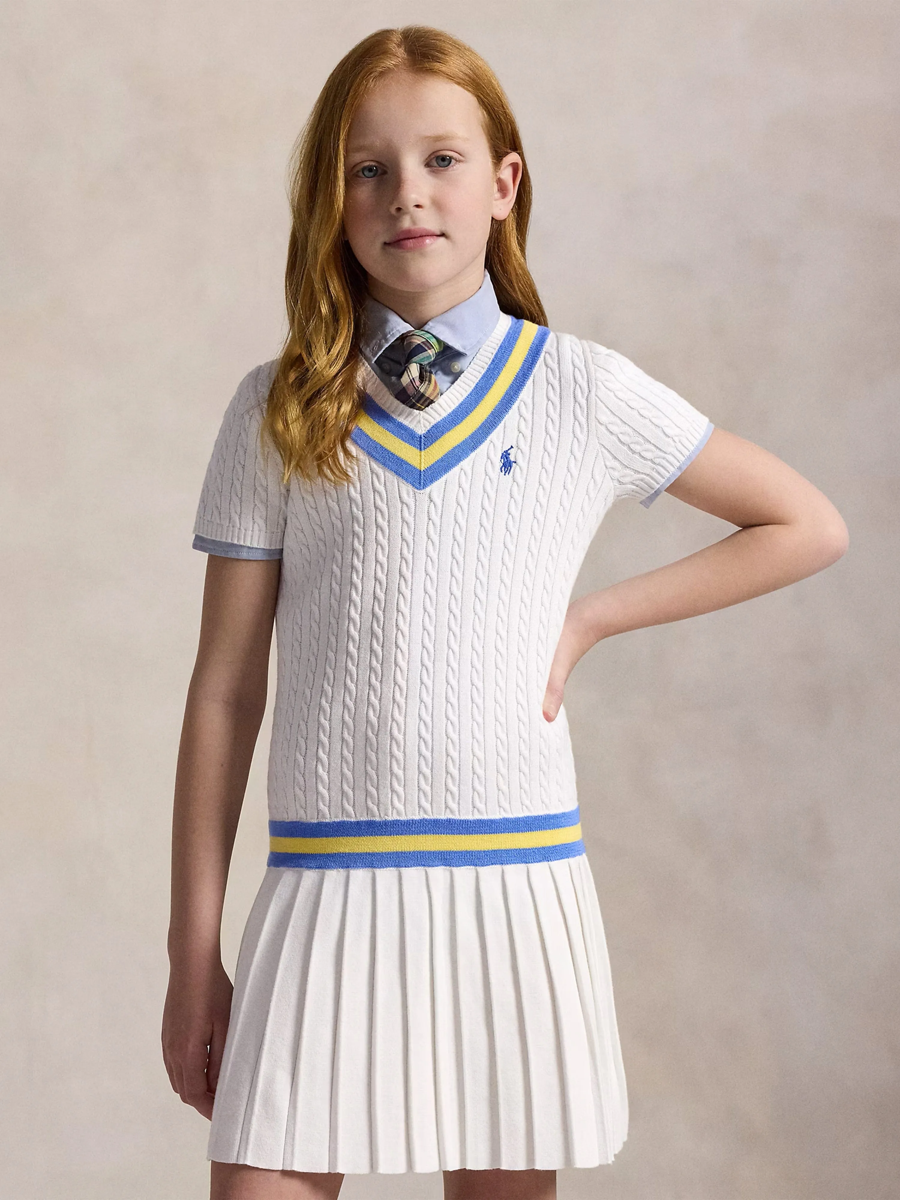 Ralph Lauren Girls Cable Knit Cricket Dress in White