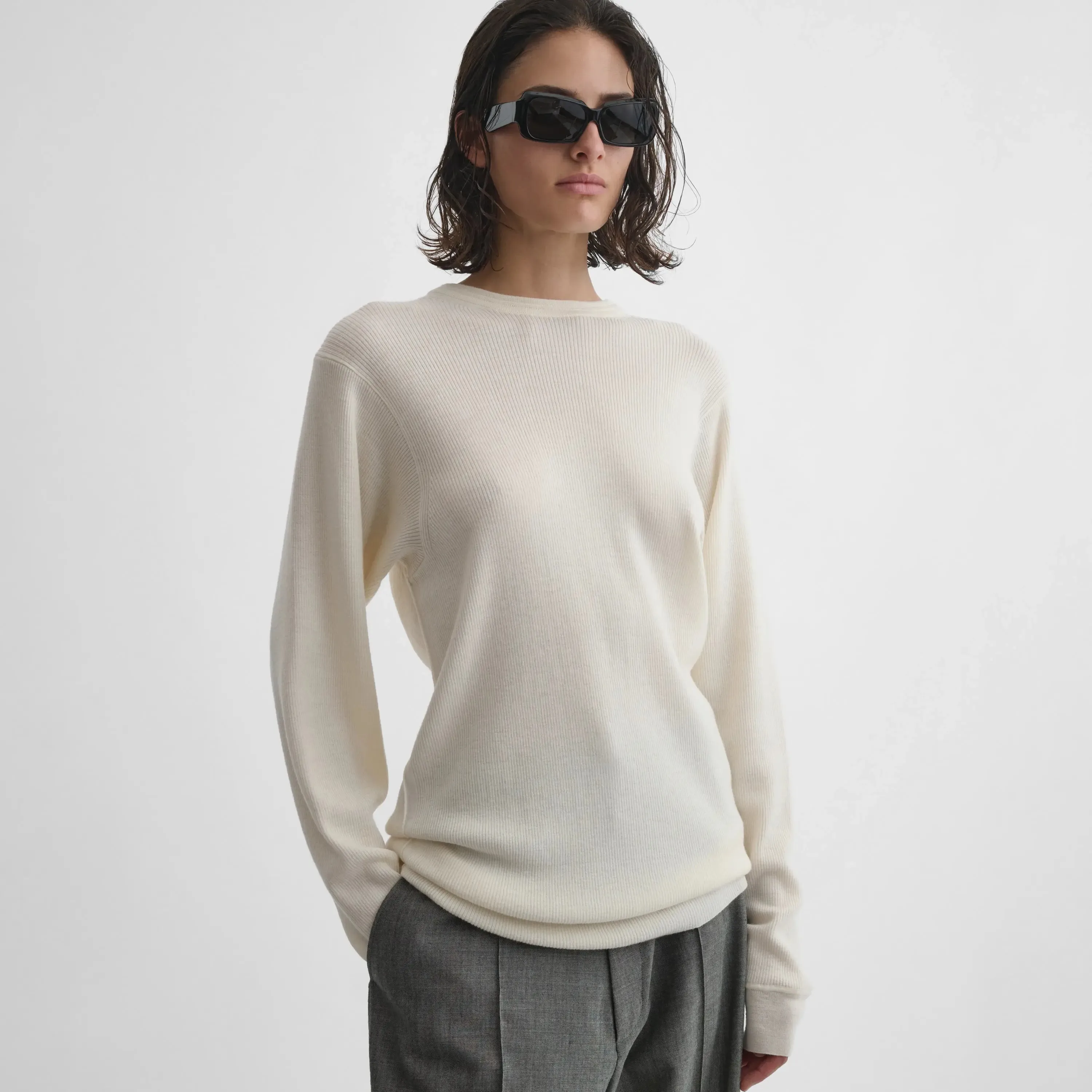 RIBBED LONG SLEEVE CREWNECK | cream wool