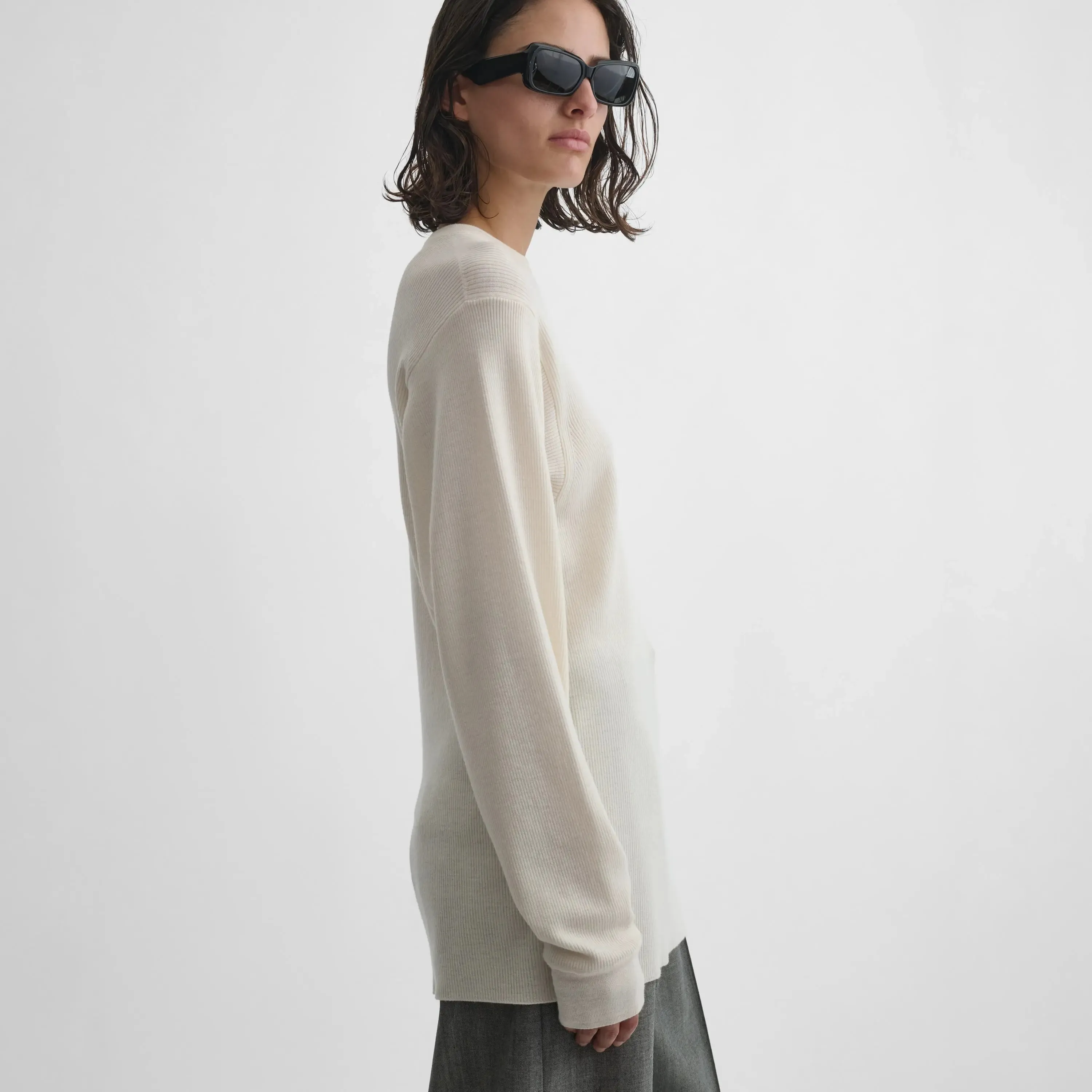 RIBBED LONG SLEEVE CREWNECK | cream wool