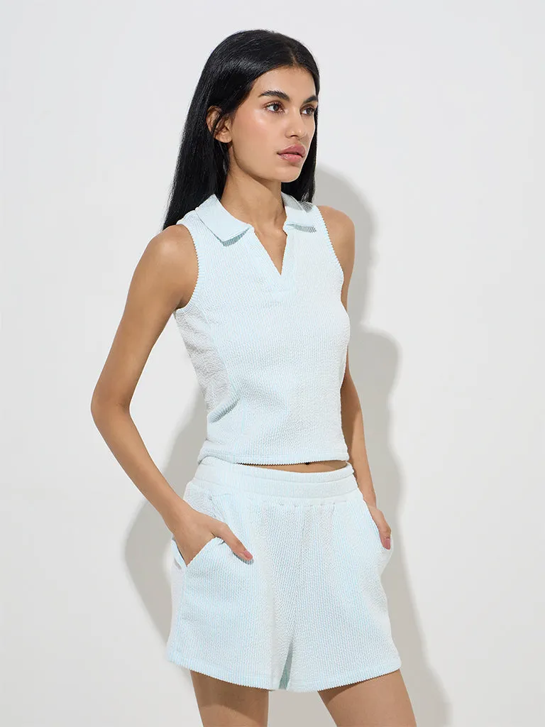 Studiofit Blue Textured Cotton-Blend Top