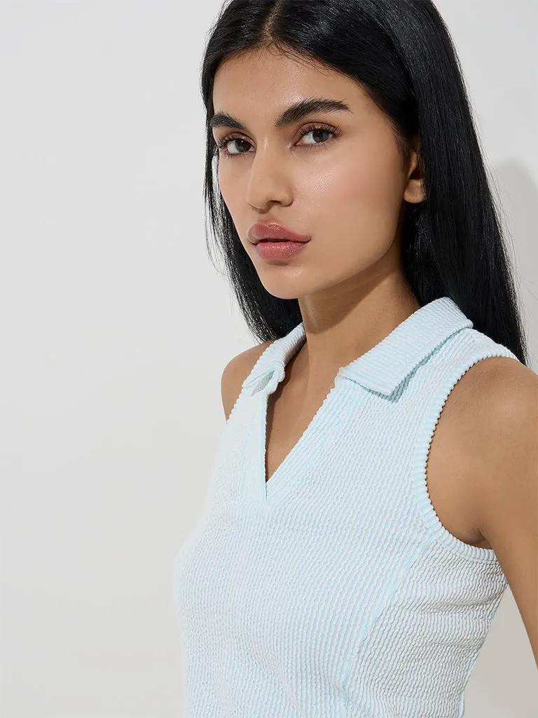 Studiofit Blue Textured Cotton-Blend Top