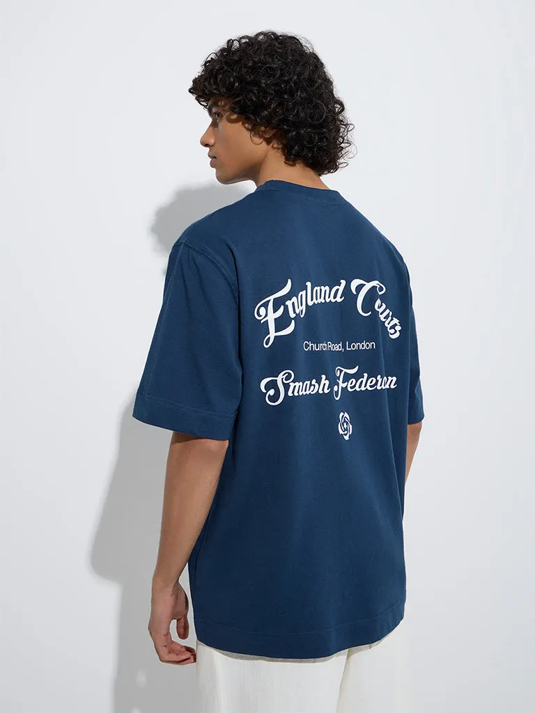 Studiofit Dark Blue Typographic Relaxed-Fit Cotton T-Shirt