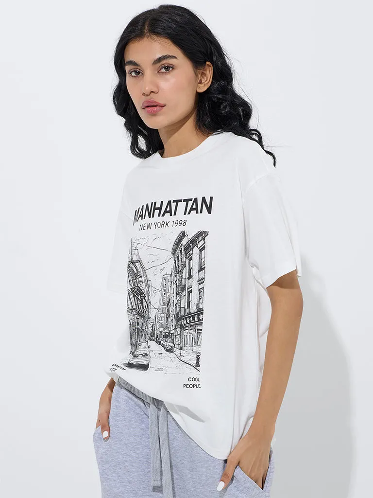 Superstar White Cityscape-Inspired Cotton T-Shirt