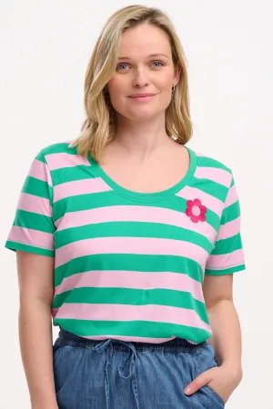 Sylvie Scoop Neck T-Shirt - Green/Pink. Stripe & Flower