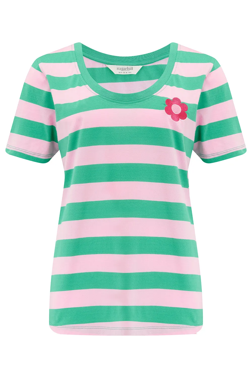 Sylvie Scoop Neck T-Shirt - Green/Pink. Stripe & Flower