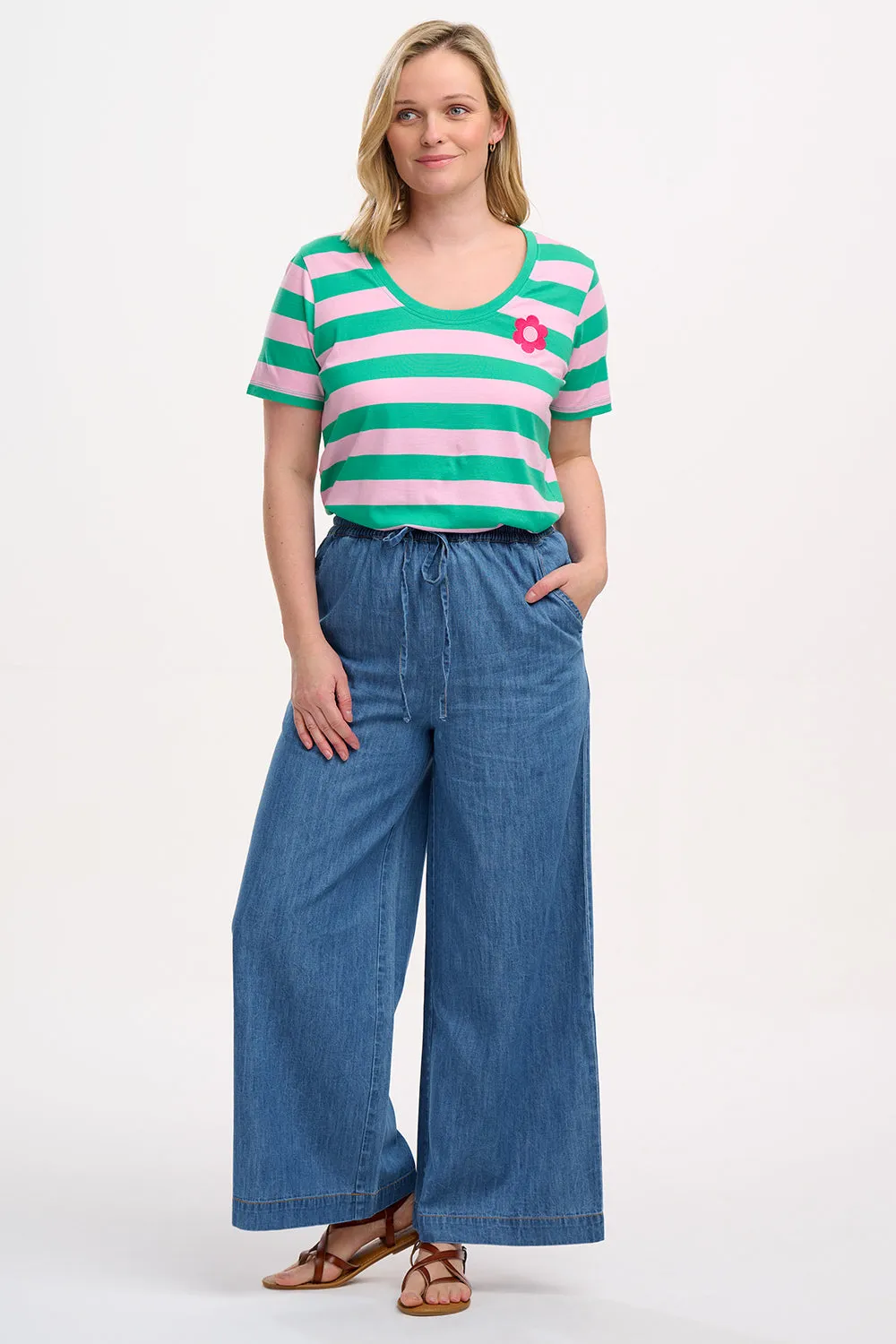 Sylvie Scoop Neck T-Shirt - Green/Pink. Stripe & Flower