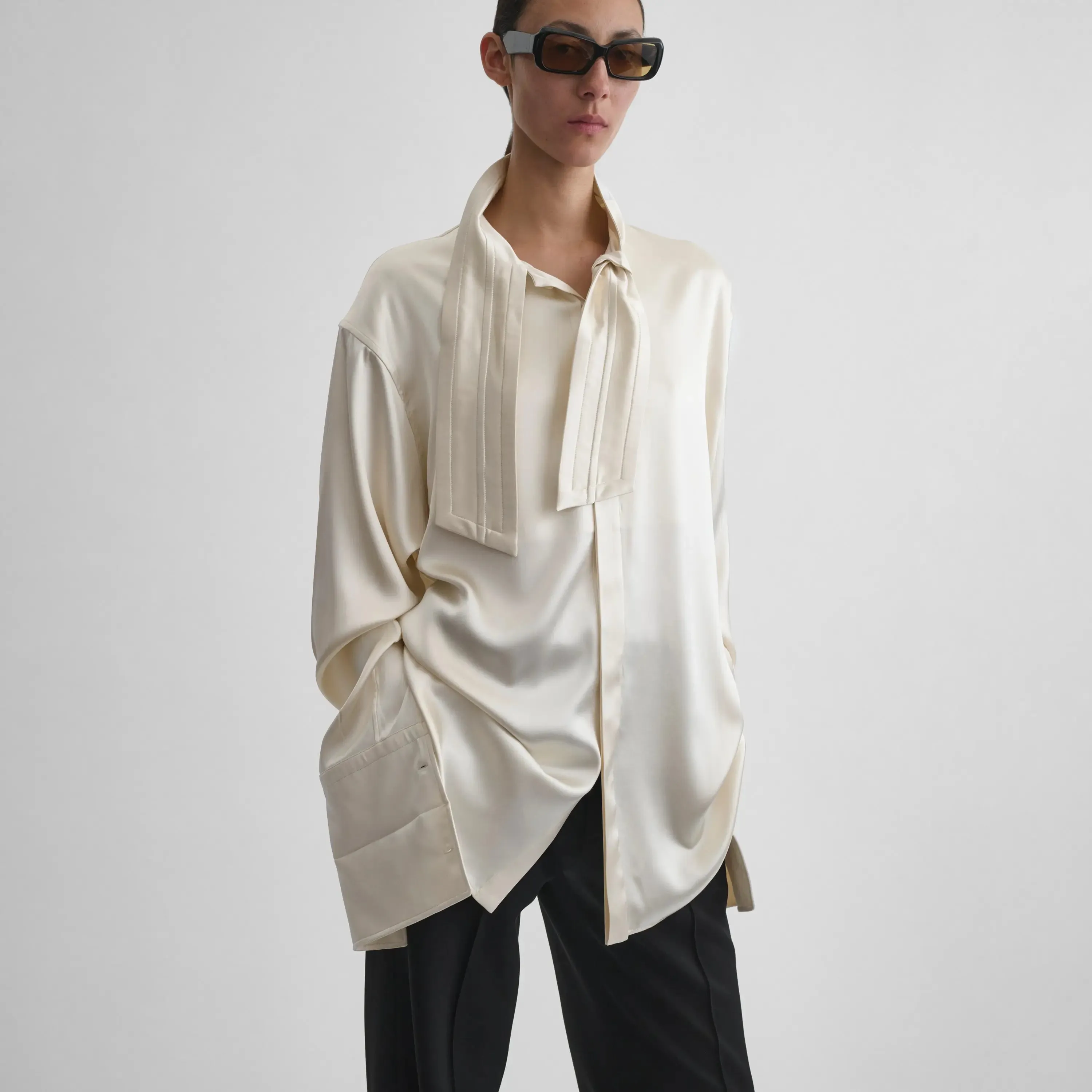 TIE NECK SHIRT | cream silk