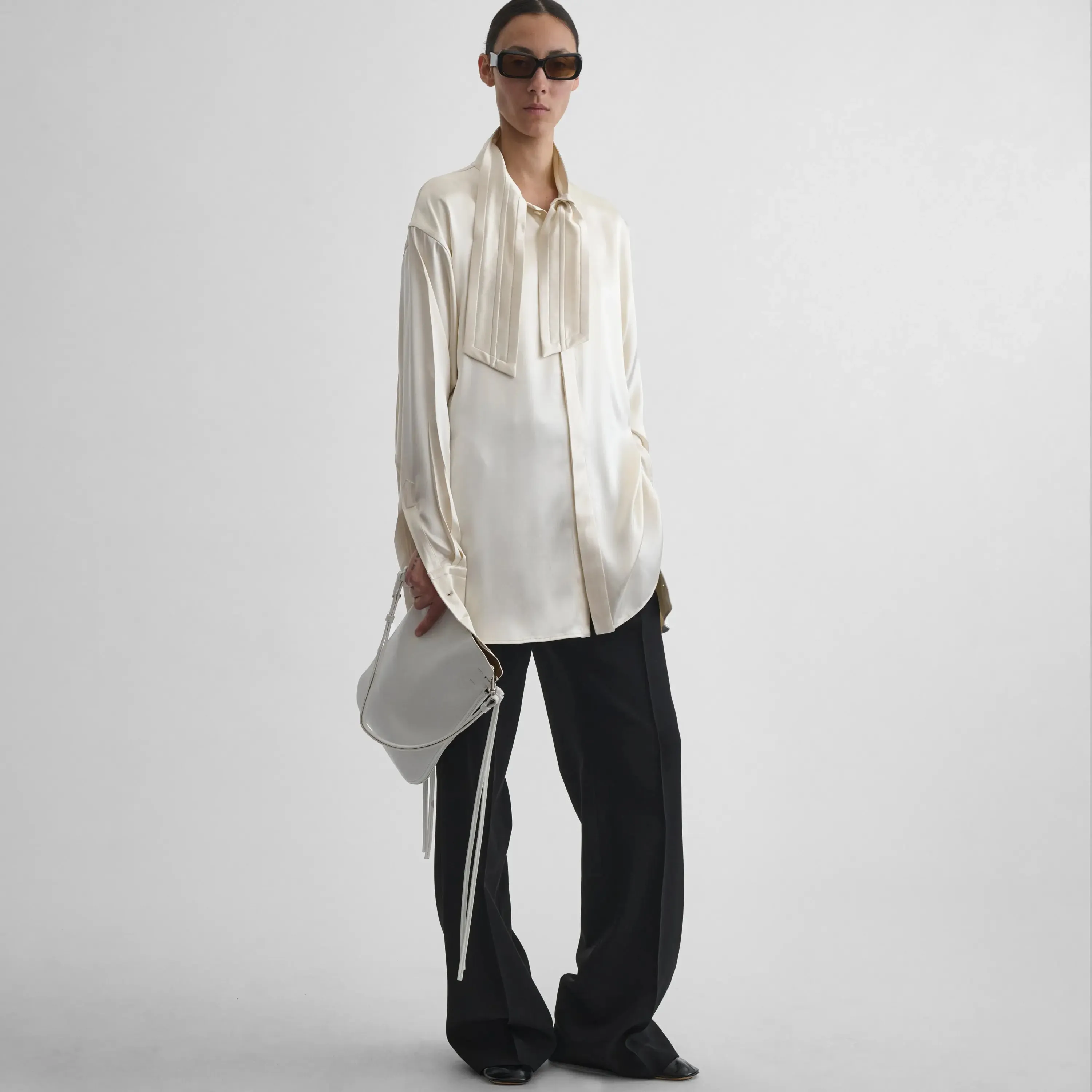 TIE NECK SHIRT | cream silk