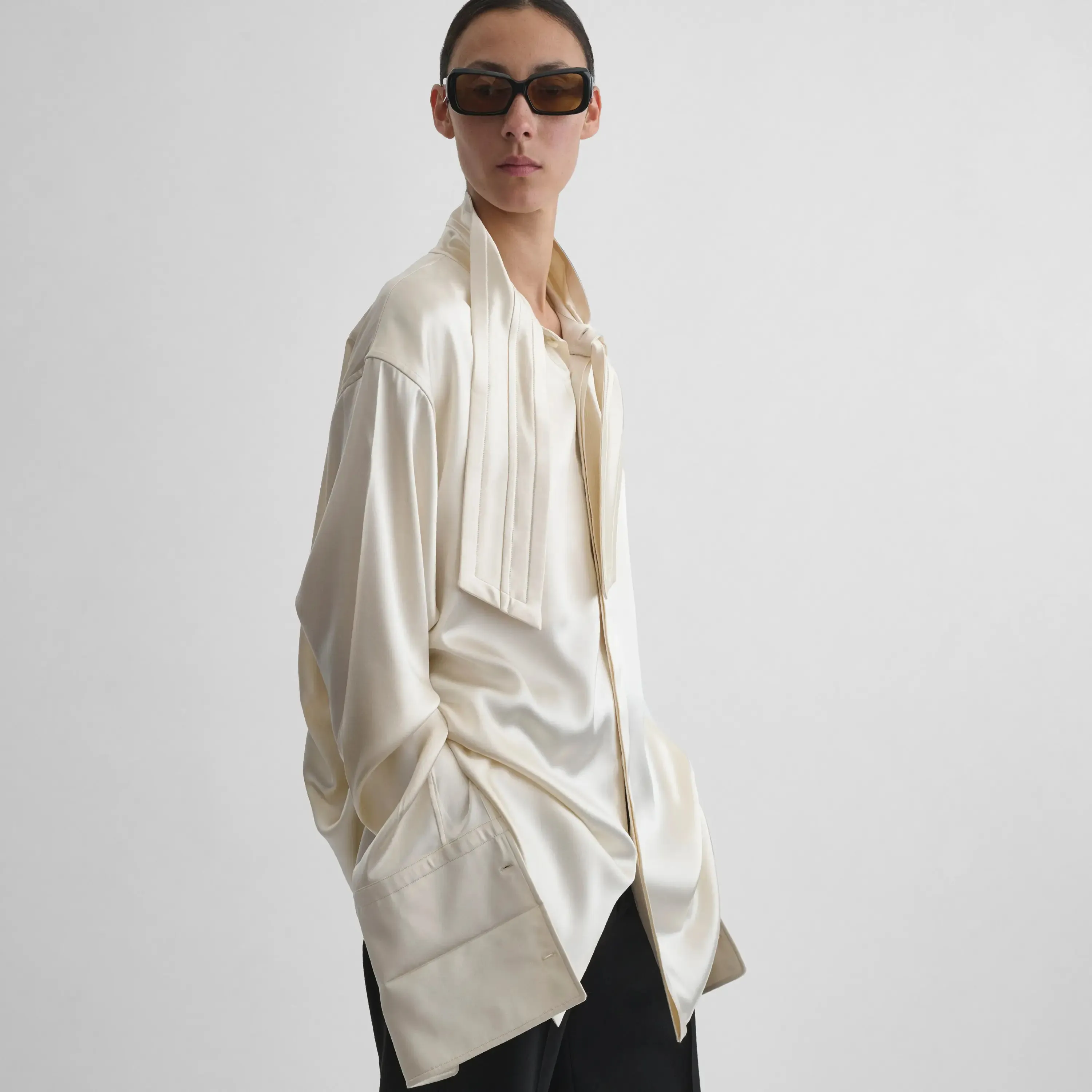 TIE NECK SHIRT | cream silk
