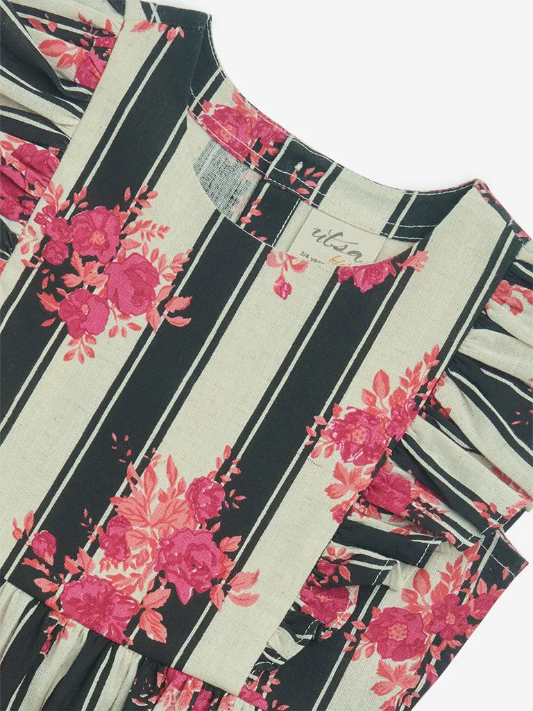 Utsa Kids Black Stripe Printed Cotton-Blend A-Line Dress - (2-8yrs)