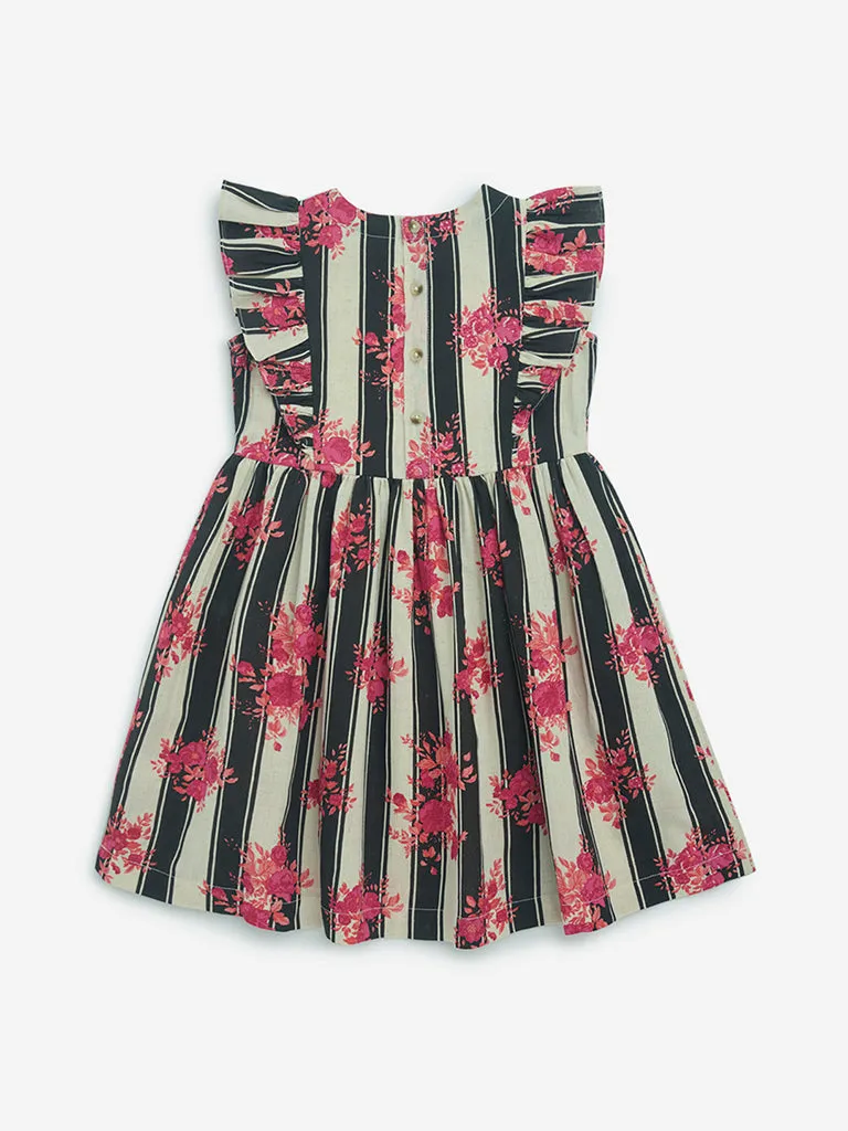Utsa Kids Black Stripe Printed Cotton-Blend A-Line Dress - (2-8yrs)