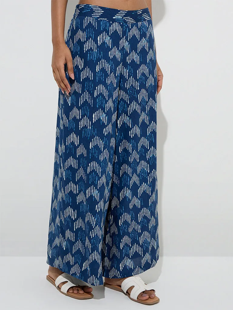 Utsa Navy Blue Printed High-Rise Ethnic Pants