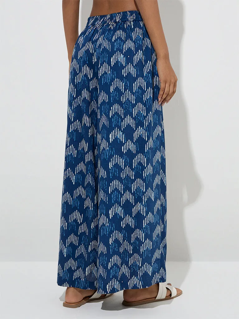 Utsa Navy Blue Printed High-Rise Ethnic Pants