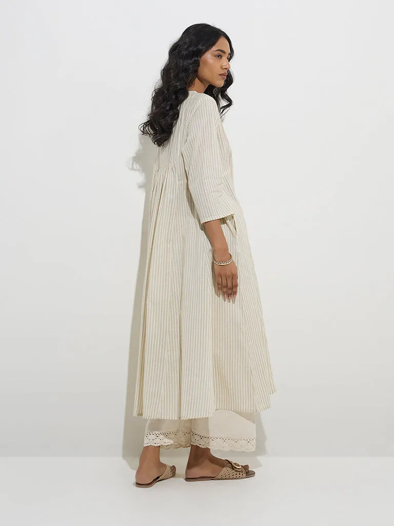 Utsa Off-White Ikat Patterned Cotton A-Line Kurta