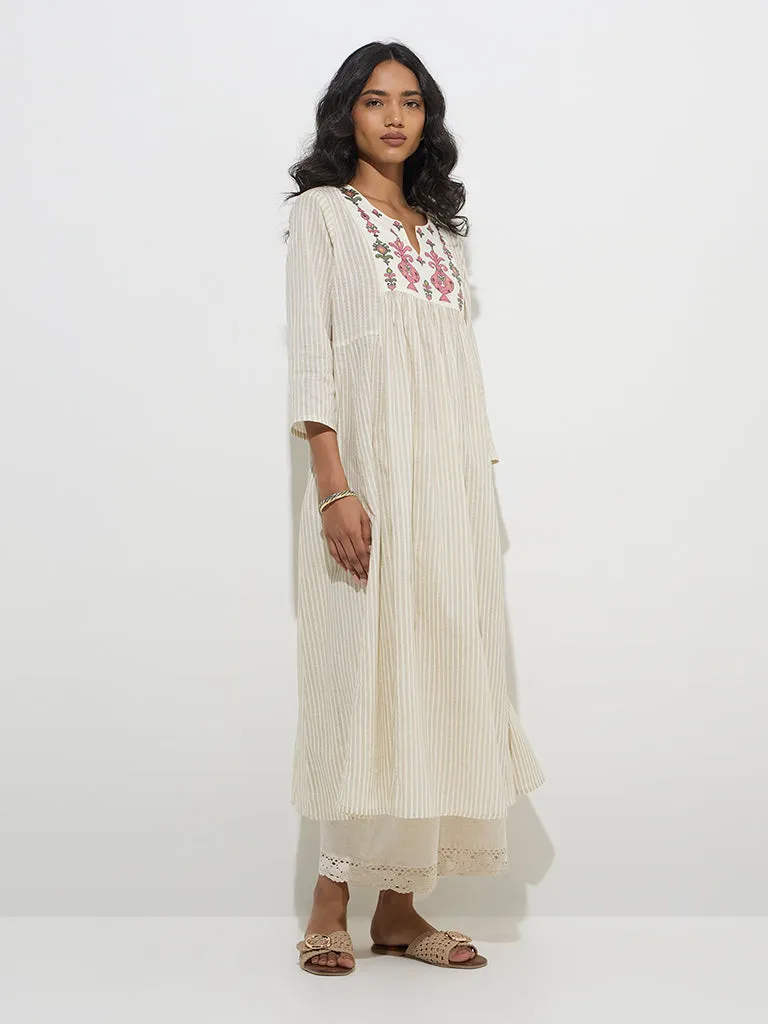 Utsa Off-White Ikat Patterned Cotton A-Line Kurta