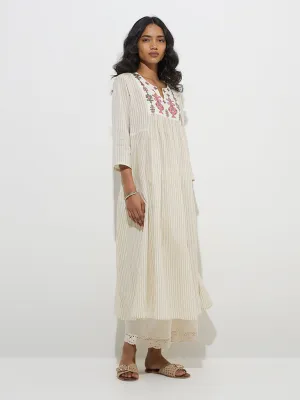 Utsa Off-White Ikat Patterned Cotton A-Line Kurta