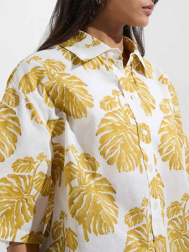 Utsa Yellow Foliage Design Cotton Ethnic Shirt