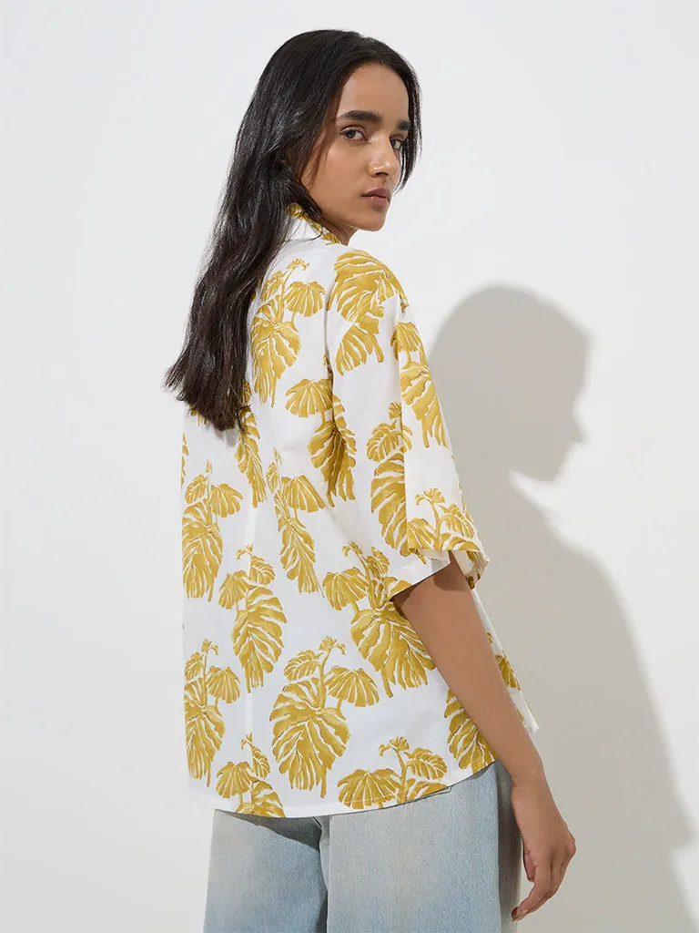 Utsa Yellow Foliage Design Cotton Ethnic Shirt