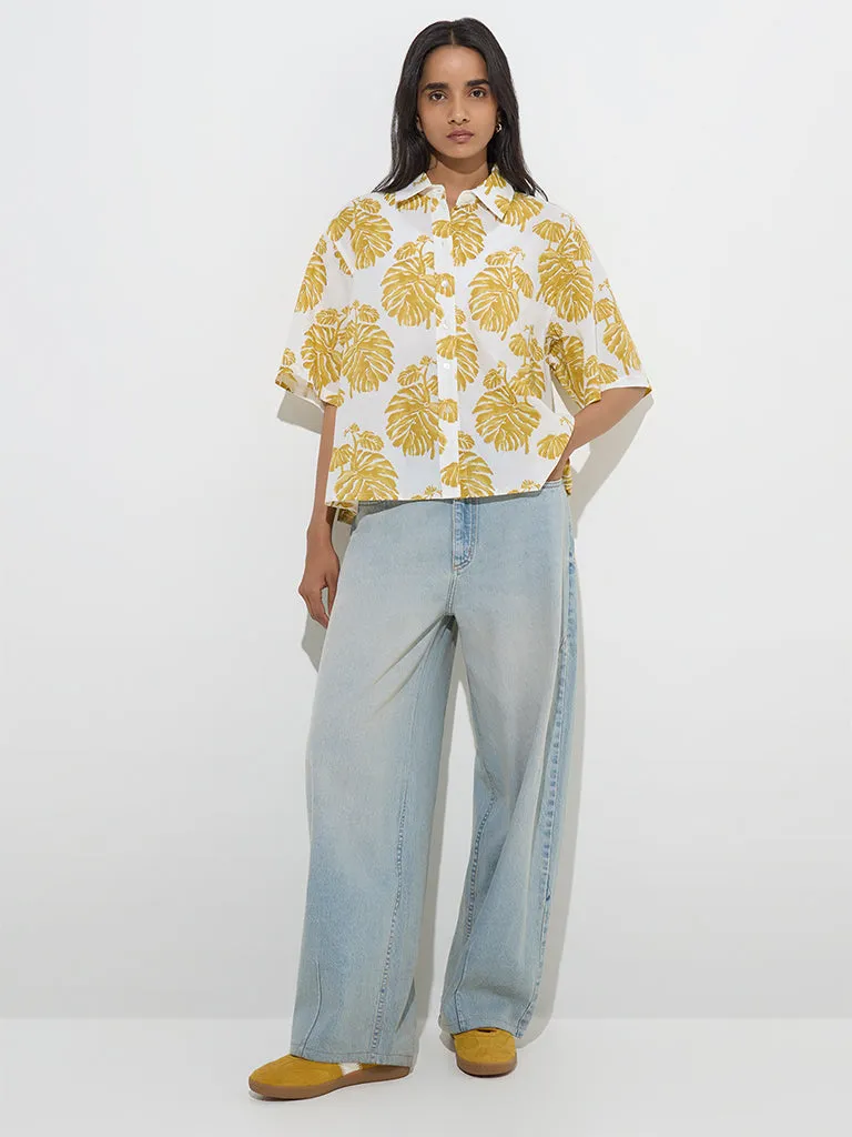 Utsa Yellow Foliage Design Cotton Ethnic Shirt