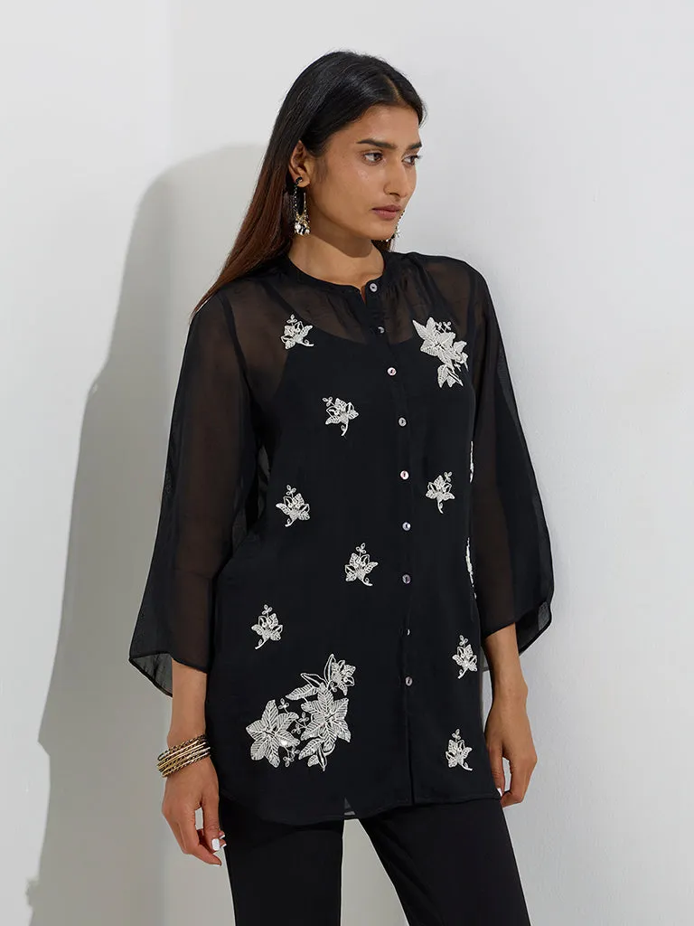 Vark Black Floral Embellished Tunic with Inner