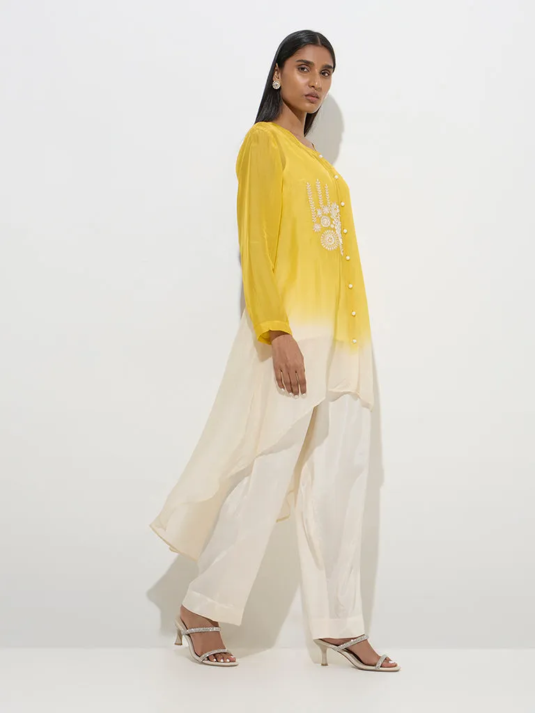Vark Yellow Ombre High-Low Kurta. Inner and Pants Set