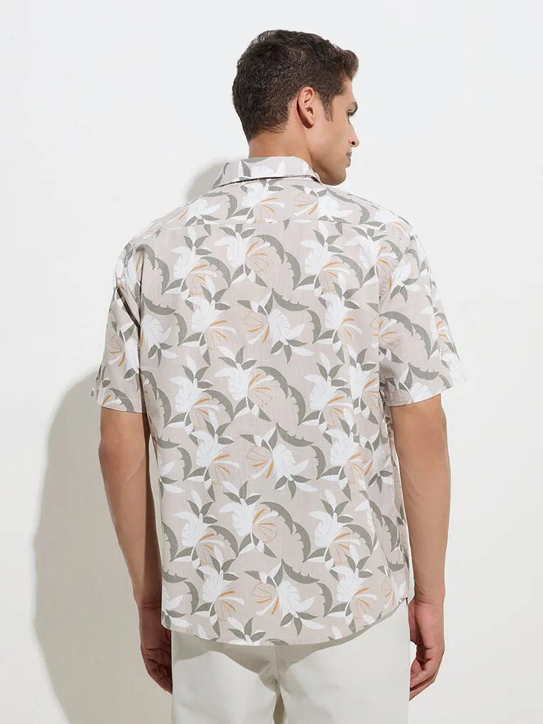 WES Casuals Beige Floral Print Relaxed-Fit Cotton Shirt