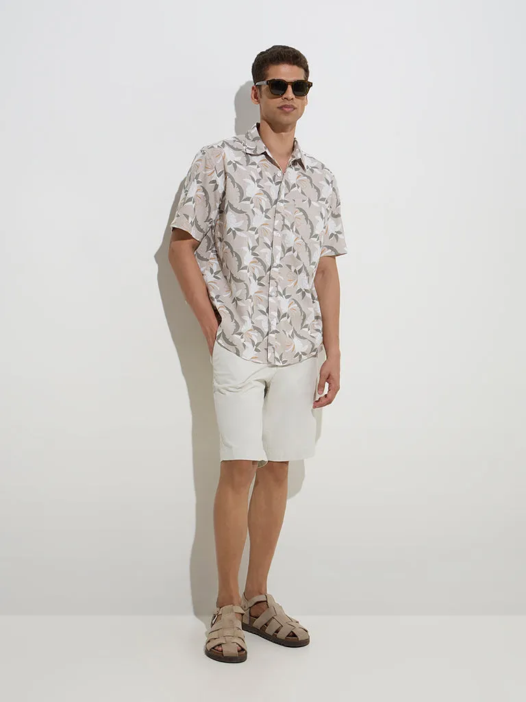 WES Casuals Beige Floral Print Relaxed-Fit Cotton Shirt