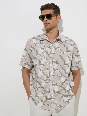 WES Casuals Beige Floral Print Relaxed-Fit Cotton Shirt