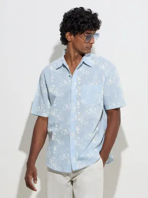 WES Casuals Light Blue Floral Relaxed-Fit Cotton Shirt