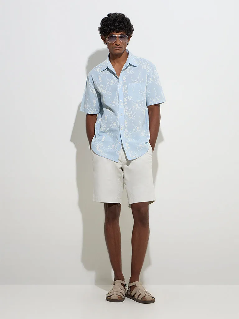 WES Casuals Light Blue Floral Relaxed-Fit Cotton Shirt