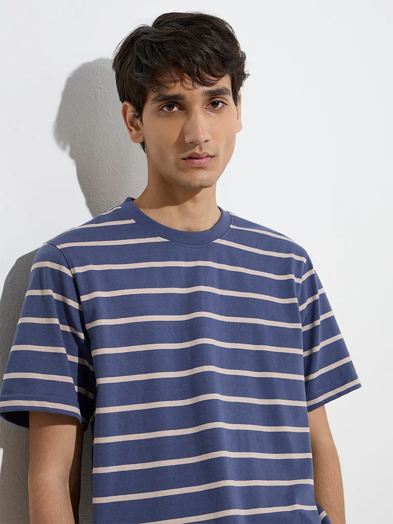 WES Casuals Navy Striped Relaxed-Fit Cotton T-Shirt
