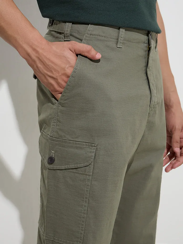 WES Casuals Olive Relaxed-Fit Cotton-Blend Trousers