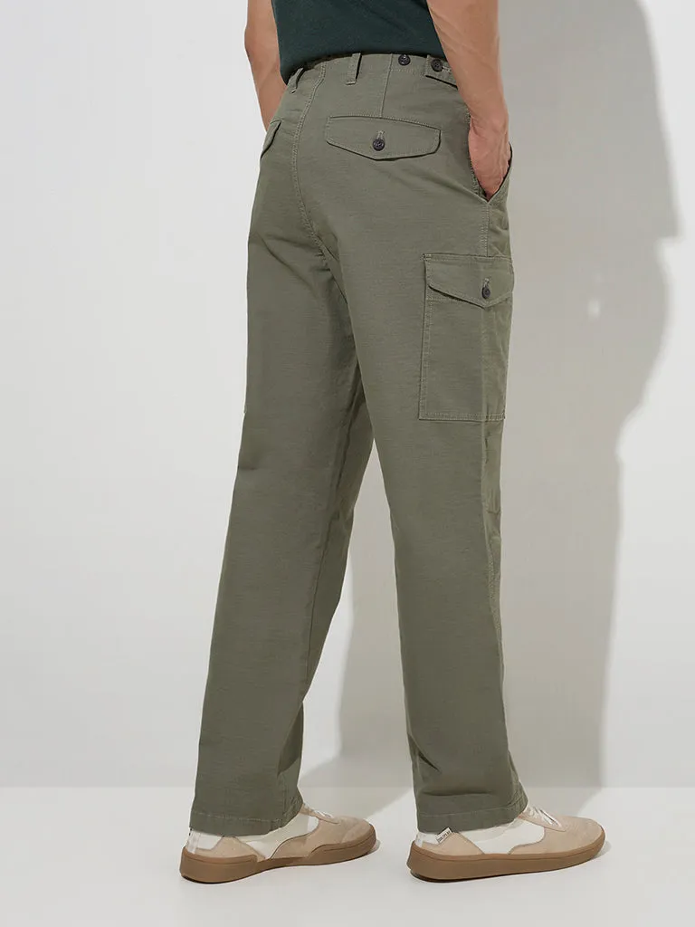 WES Casuals Olive Relaxed-Fit Cotton-Blend Trousers