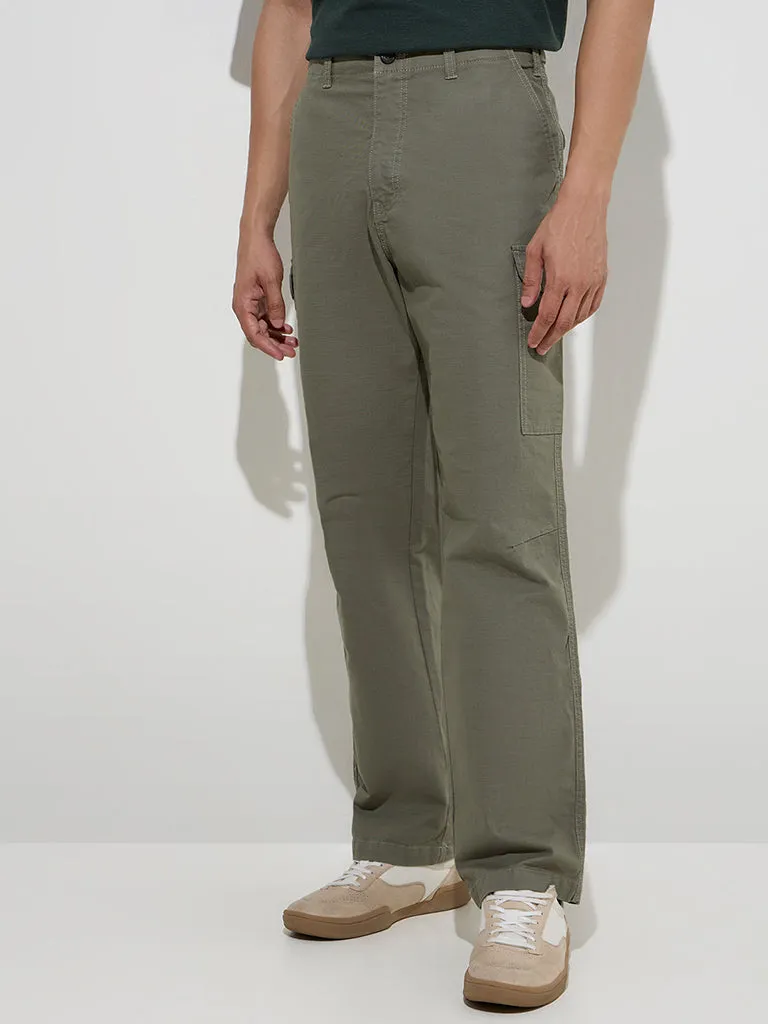 WES Casuals Olive Relaxed-Fit Cotton-Blend Trousers