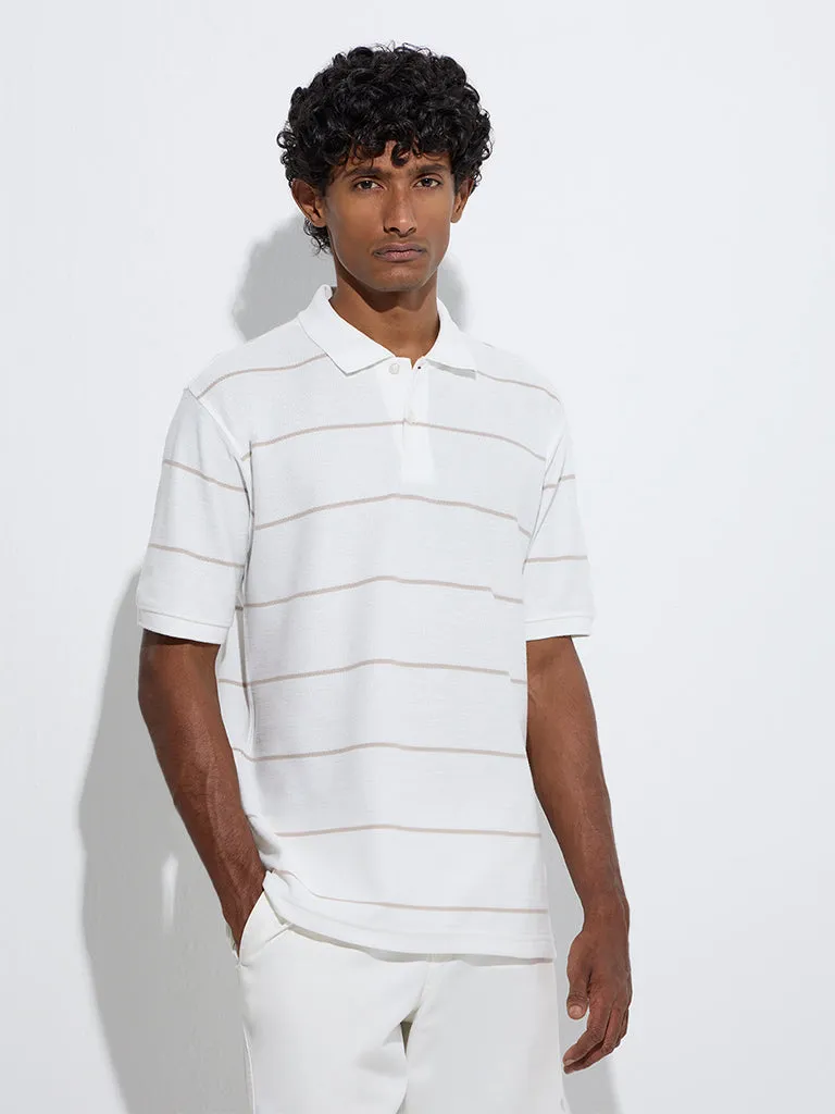WES Casuals White Striped Relaxed-Fit Cotton-Blend Polo T-Shirt