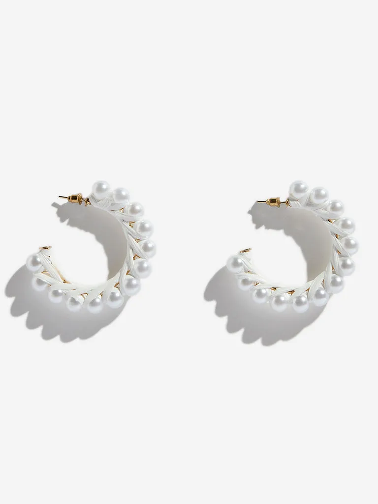 Westside Accessories White Raffia Pearl Half Hoop Earrings