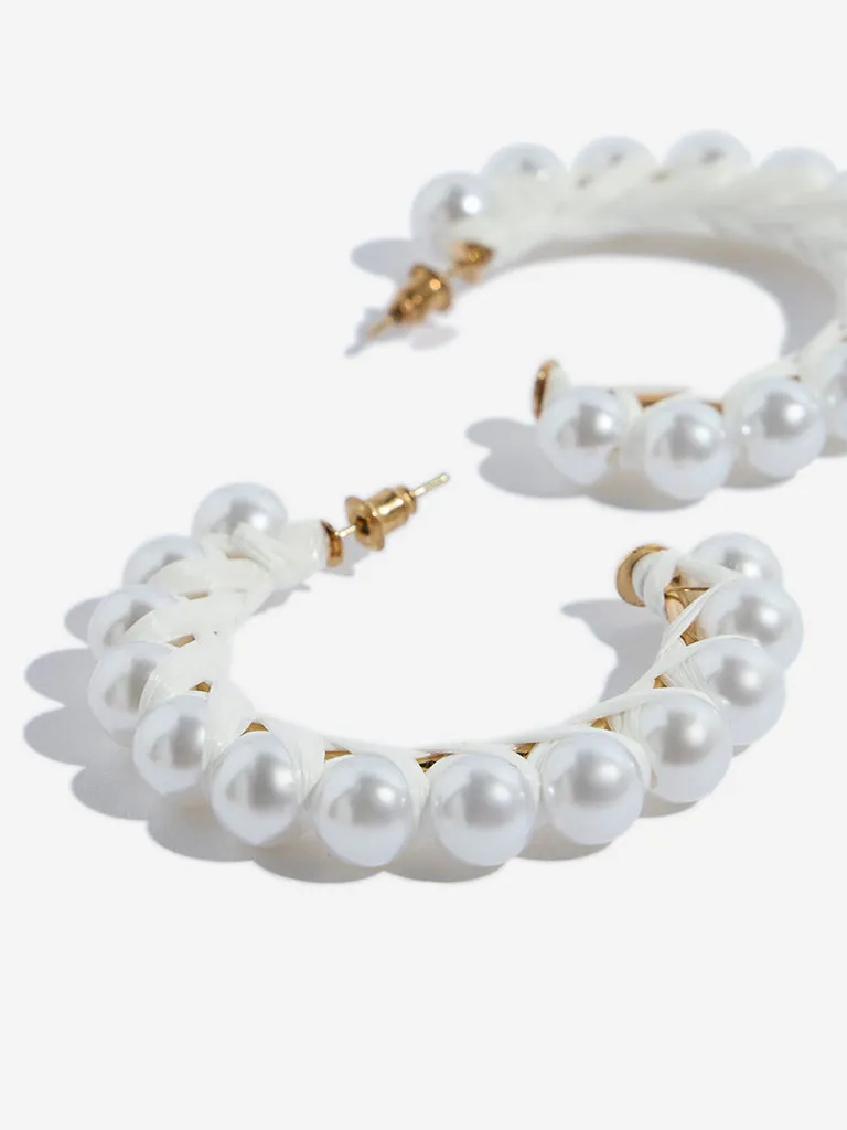 Westside Accessories White Raffia Pearl Half Hoop Earrings