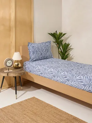 Westside Home Dusty Blue Foliage Pattern Single Bed Fitted Sheet and Pillowcase Set