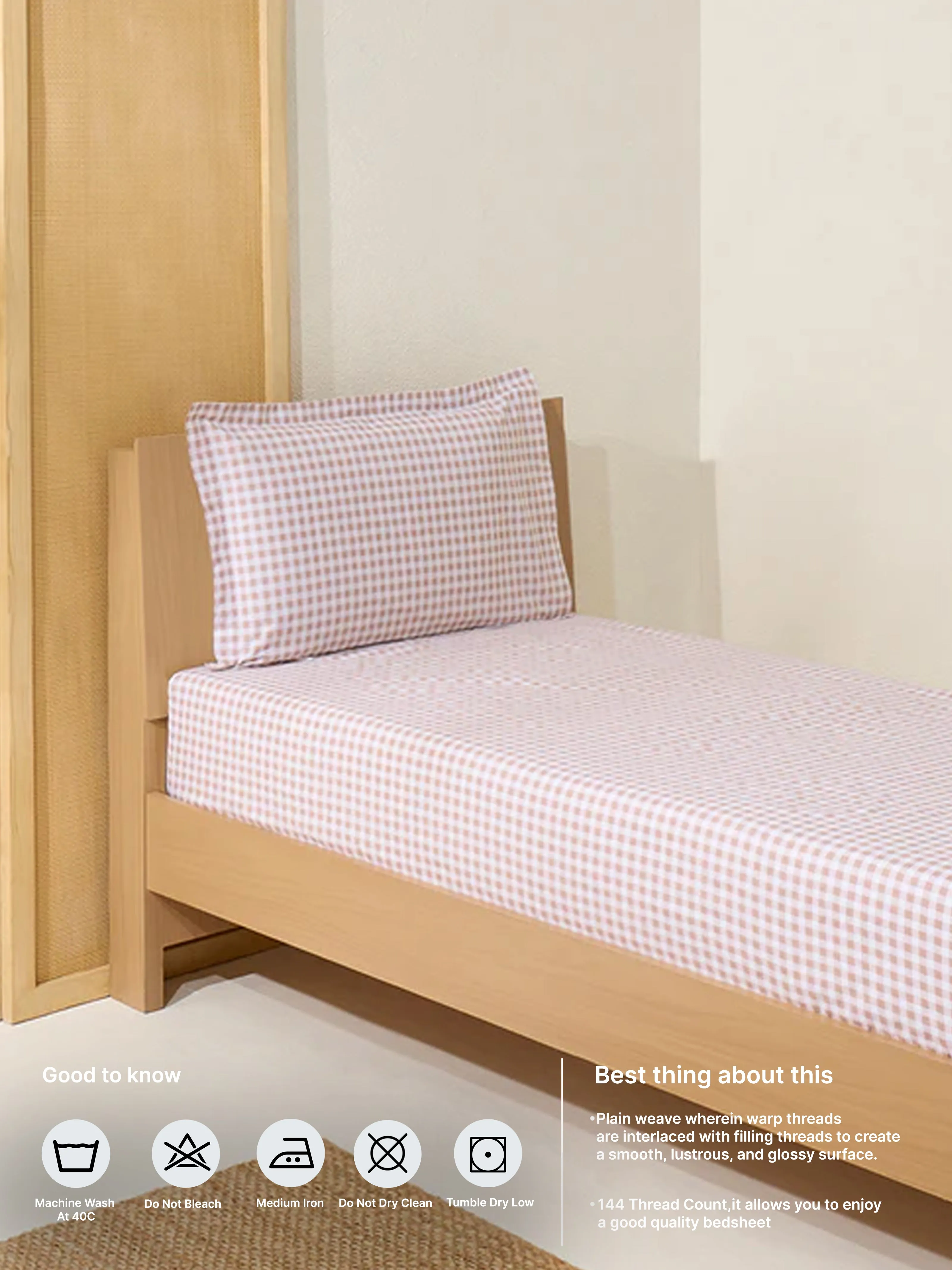 Westside Home Light Brown Gingham Checkered Single Bed Fitted Sheet and Pillowcase Set
