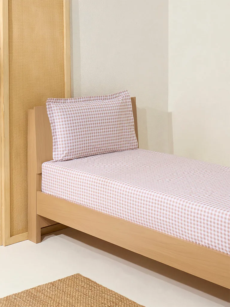Westside Home Light Brown Gingham Checkered Single Bed Fitted Sheet and Pillowcase Set