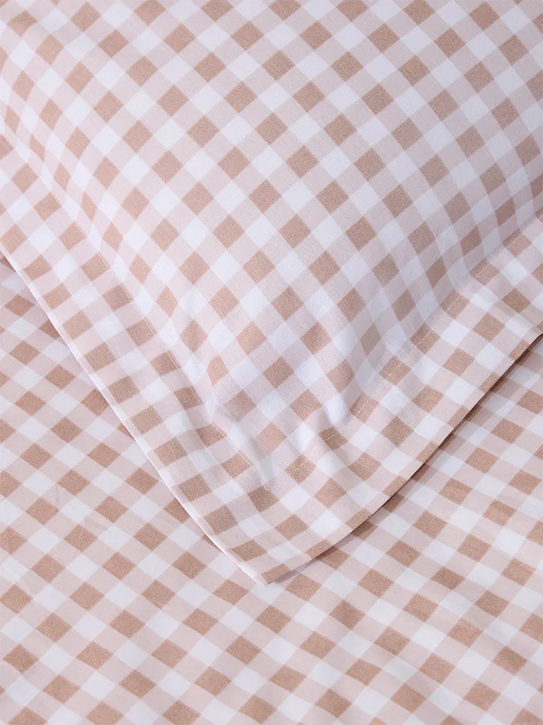 Westside Home Light Brown Gingham Checkered Single Bed Fitted Sheet and Pillowcase Set